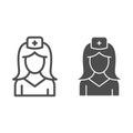 Nurse line and solid icon, medicine concept, medical staff sign on white background, woman in medical uniform icon in