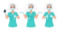 Nurse in mask, cap and gloves shows smartphone screen, thumbs up, shrugs. Protection from coronavirus. Vector set. Royalty Free Stock Photo