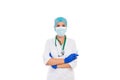 Nurse in mask and cap with syringe in hands isolated on white background.