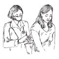 Nurse in mask getting ready to inject patient, hand drawn doodle, sketch