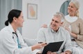 Nurse, medical and consulting with a senior couple in their home, talking to a medicine professional. Healthcare Royalty Free Stock Photo