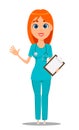 Nurse, medical worker in blue uniform tunic and trousers with stethoscope, holding clipboard and waving hand.