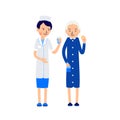 Nurse offers sick water to drink pill. Nurse and sick elderly woman. Taking medications. Illustration of people characters Royalty Free Stock Photo