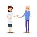 Nurse and patient. Elderly people, man and woman standing next to a doctor and nurse. Elderly woman with a headache. Illustration