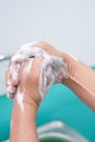 Nurse perform surgical hand washing, Preparation to the operating room. Closed-up of the hands. Royalty Free Stock Photo