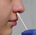 Nurse performs a nasal swab to the young girl to search for the