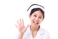 Nurse pointing up, raising five finger