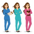 Nurse posing in three different color scrubs uniform Royalty Free Stock Photo