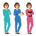 Nurse posing in three different color scrubs uniform