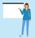 Nurse, presentation, point to a blank screen holding a clipboard