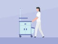 Nurse push trolley box cabinet cart with medical instrument stuff with simple flat style Royalty Free Stock Photo