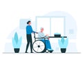 Nurse pushing an elderly man in a wheelchair. Vector concept illustration of young smiling female nurse helping happy senior man Royalty Free Stock Photo