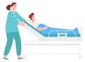 Nurse pushing hospital bed with lying man. Patient care