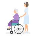 Nurse pushing wheelchair of elder woman illustration