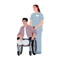 A nurse rolls a wheelchair. A legless patient. Rehabilitation after amputation. Consequences of a car crash.