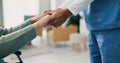 Nurse, senior patient and holding hands in closeup for support, help and recovery in retirement. Physiotherapist, care Royalty Free Stock Photo