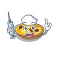 Nurse spanish paella cooked in cartoon skillet