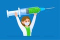 A nurse standing with a large syringe in her hands. Giving a vaccination. Vector. Royalty Free Stock Photo