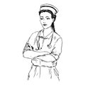 Nurse with stethoscope standing straight and smiling, hand drawn doodle, sketch, black and white vector Royalty Free Stock Photo