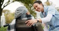 Nurse, support and park with old woman in a wheelchair for retirement, elderly care and physical therapy. Trust, medical Royalty Free Stock Photo