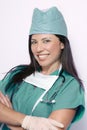 Nurse or surgeon in teal uniform