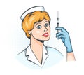 Nurse with syringe in hand - pop art retro illustration Royalty Free Stock Photo