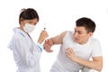 nurse syringe needle and man scary of injection vaccination phobia