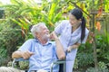 A nurse take care a senior male on wheelchair in his garden at home Royalty Free Stock Photo