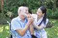 A nurse take care a senior male on wheelchair in his garden at home Royalty Free Stock Photo