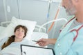 nurse talking with patient in hospital room Royalty Free Stock Photo