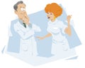 Nurse talking to doctor. Pensive scientist. Illustration for internet and mobile website