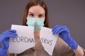 Nurse tears sheet of paper with sign `coronavirus`