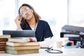 Nurse, thinking or planning in hospital research, wellness books study or laptop education vision in medicine Royalty Free Stock Photo