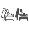 Nurse visiting patient lying bed with dropper line and solid icon, disability concept, nurse with dropper and patient