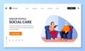 Nurse or volunteer social worker reads book to elderly man. Vector characters illustration. Home taking care of seniors Royalty Free Stock Photo