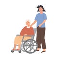 Nurse or volunteer taking care of elderly man on wheelchair. Nursing home concept. Assisted living. Residential care Royalty Free Stock Photo