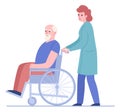 Nurse wheeling old man in wheel chair. Doctor helping disabled patient Royalty Free Stock Photo