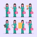 Nurse woman holding document phone cup tablet sign megaphone. Character set