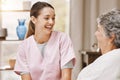 Nurse, woman and nursing home support, help and kindness for medical homecare service. Happy healthcare caregiver, trust Royalty Free Stock Photo