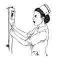 Nurse working calibrating dropper, hand drawn doodle, sketch, black and white vector illustration Royalty Free Stock Photo