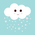 Nursery art with happy smiling cloud and hearts rain. Cute Valentines illustration.