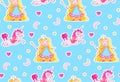 Nursery Baby Seamless Pattern with Little Fairy Princess, Magic Unicorn, Magic Wand, Pink Heart, Crescent Moon and Stars.