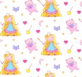 Nursery Baby Seamless Pattern with Little Fairy Princess, Teddy Bear, Magic Wand, Bow, Pink Heart, Crescent Moon and Stars.