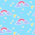 Nursery Baby Seamless Pattern with Rainbow, Clouds, Moon and Stars. Night Sky Design. Vector illustration Royalty Free Stock Photo