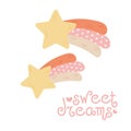 Nursery card with cute Comet Star and lettering Sweet Dreams. Funny Print on white Background. Kids wall art design