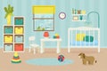 Nursery, children room for newborn baby, home indoor furniture, vector illustration. Child bedroom interior, crib in Royalty Free Stock Photo