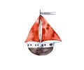 Nursery cute Abstract watercolor boat, red sail, baby clipart.