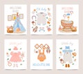 Nursery decor posters. Baby shower cards for boy and girl with newborn clothes, toys and crib in boho style. Cute childish print Royalty Free Stock Photo