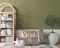 Nursery design, wooden furniture in green baby room, Scandinavian style Royalty Free Stock Photo