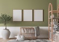 Nursery design, wooden furniture in green baby room, Scandinavian style